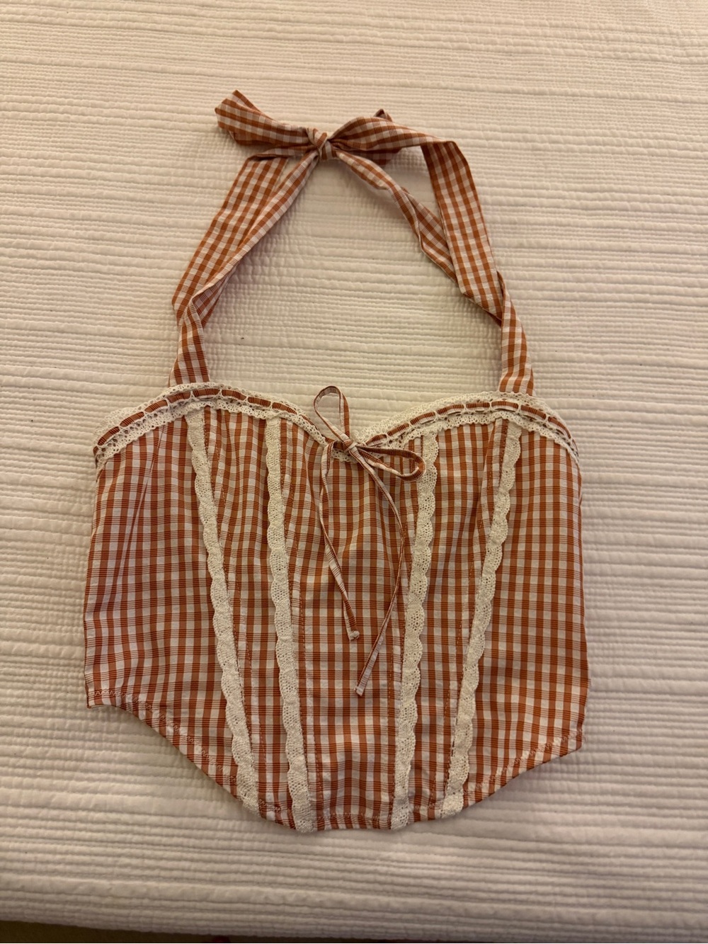 Gingham Halter Tank Top with Lace Trim - Orange